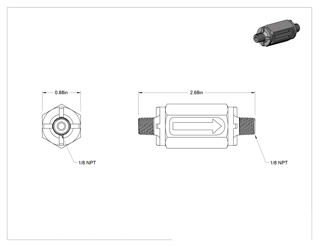 Teknik Çizim - PVC Çekvalf, 1/8 NPT Erkek x NPT Erkek