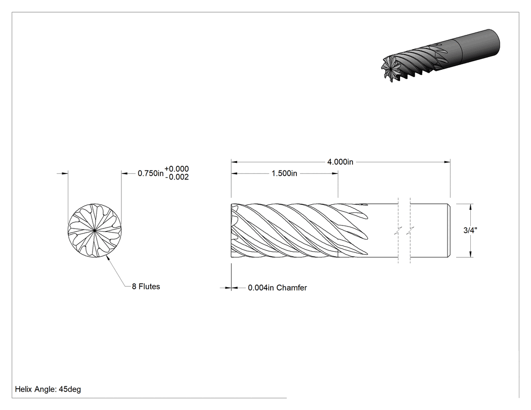 Teknik Çizim - Hızlı Kesim Karbür Kare Uçlu Freze, Pahlı Köşeli, 8 Oluk, 3/4" Freze Çapı, 4" Toplam Uzunluk