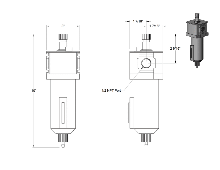 Teknik Çizim - Hava Yağlayıcı, Wilkerson L28, Alüminyum, 1/2 NPT Dişi
