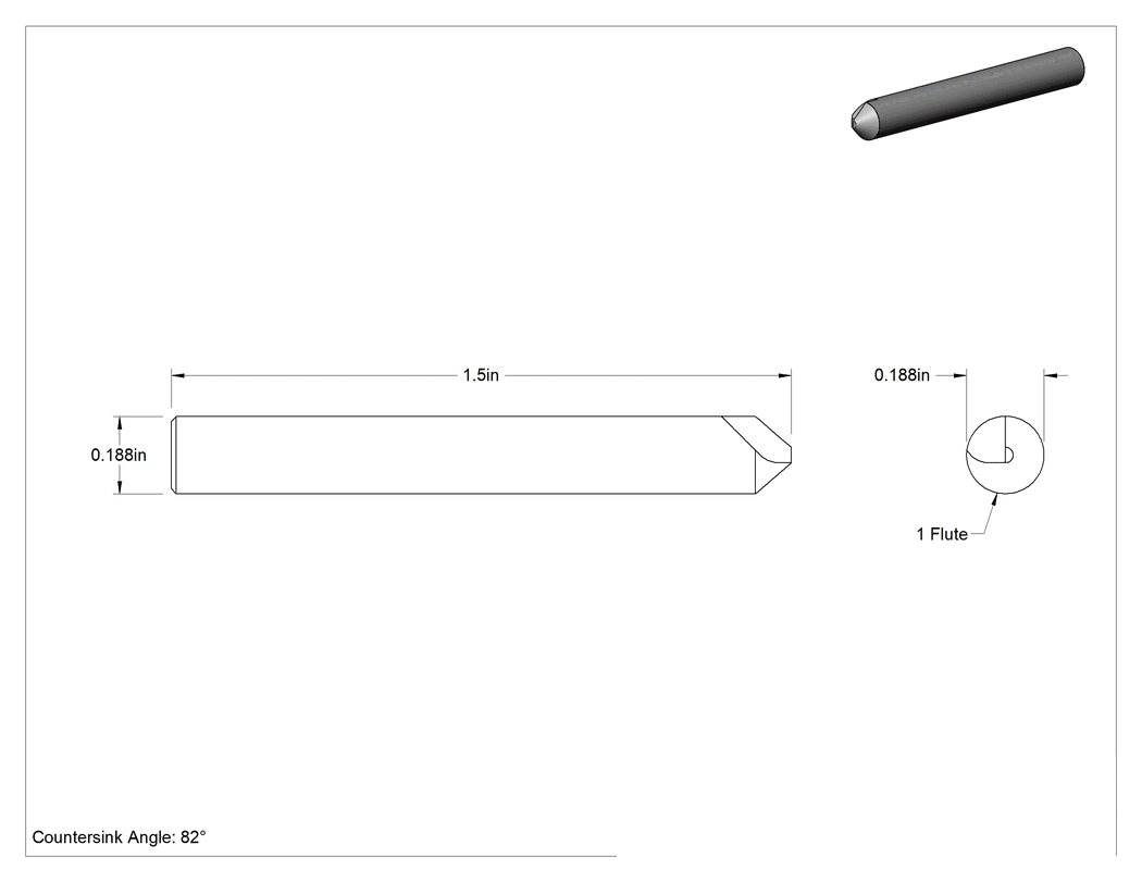 Teknik Çizim - Kobalt Çelik Havşa, Vidalar için, 82 Derece, Kaplamasız, 1 Yiv, 3/16" Gövde Çapı