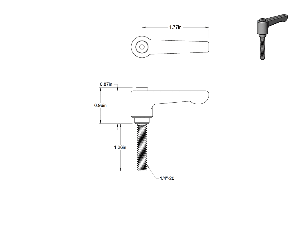 Teknik Çizim - Düşük Profilli Ayarlanabilir Tutamak, 1/4"-20 Dişli 1-1/4" Uzunlukta Saplama, Siyah Naylon