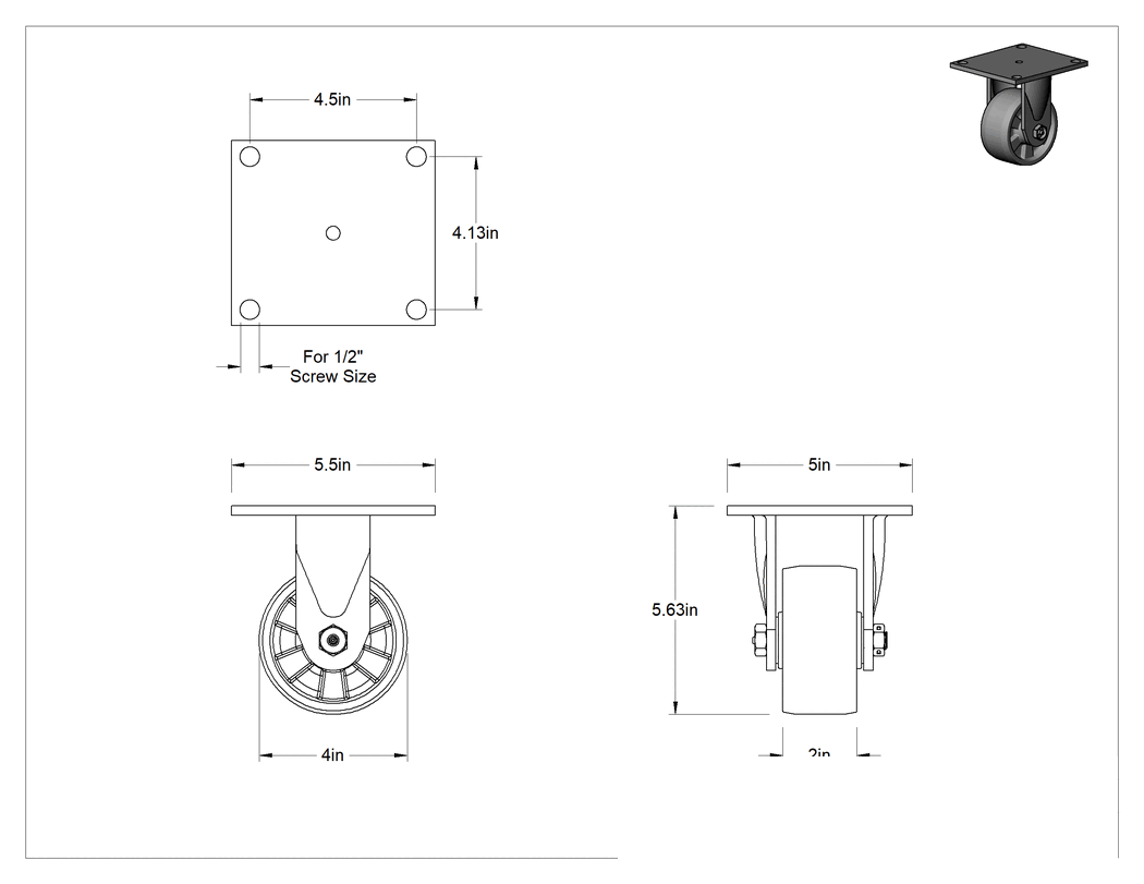 Teknik Çizim - 5-1/2" x 5" Plakalı Yüksek Kapasiteli Vulcan Tekerlek, 4" Çapında Naylon Tekerlekli Sert