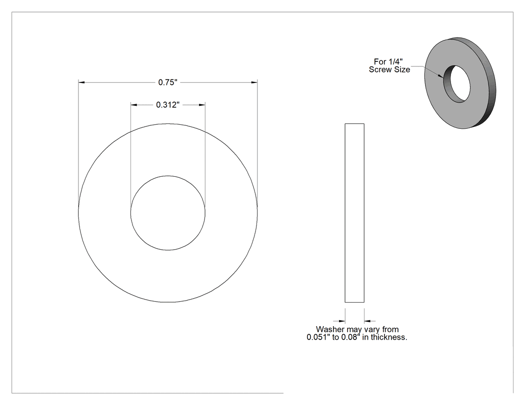 Teknik Çizim - USS Pul, 18-8 Paslanmaz Çelik, 1/4" Vida Boyutu için, 0.312" İç Çap, 0.750" Dış Çap