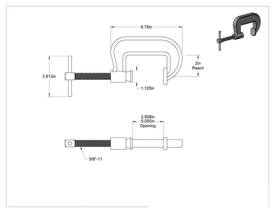 Teknik Çizim - Ağır Hizmet Tipi C-Kelepçesi, Kayan T-Kolu, 0" - 2-15/16" Açıklık