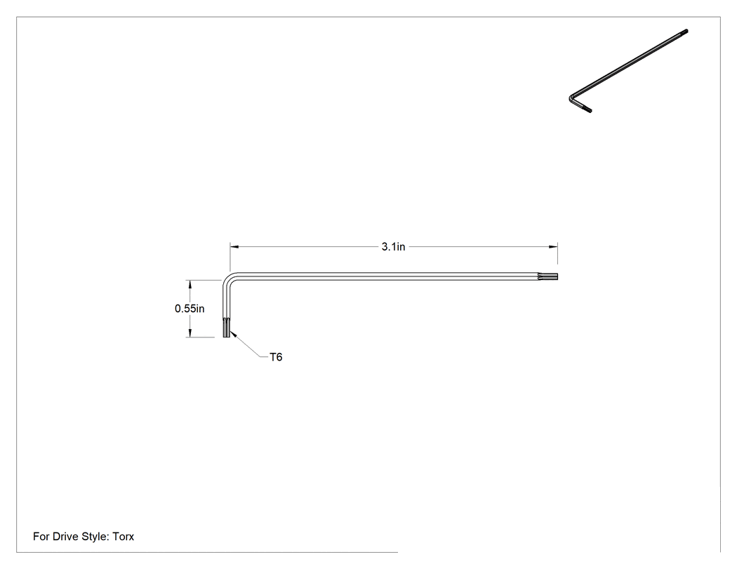 Teknik Çizim - Vida Tutucu Torx L Anahtarı, T6 Boyutu