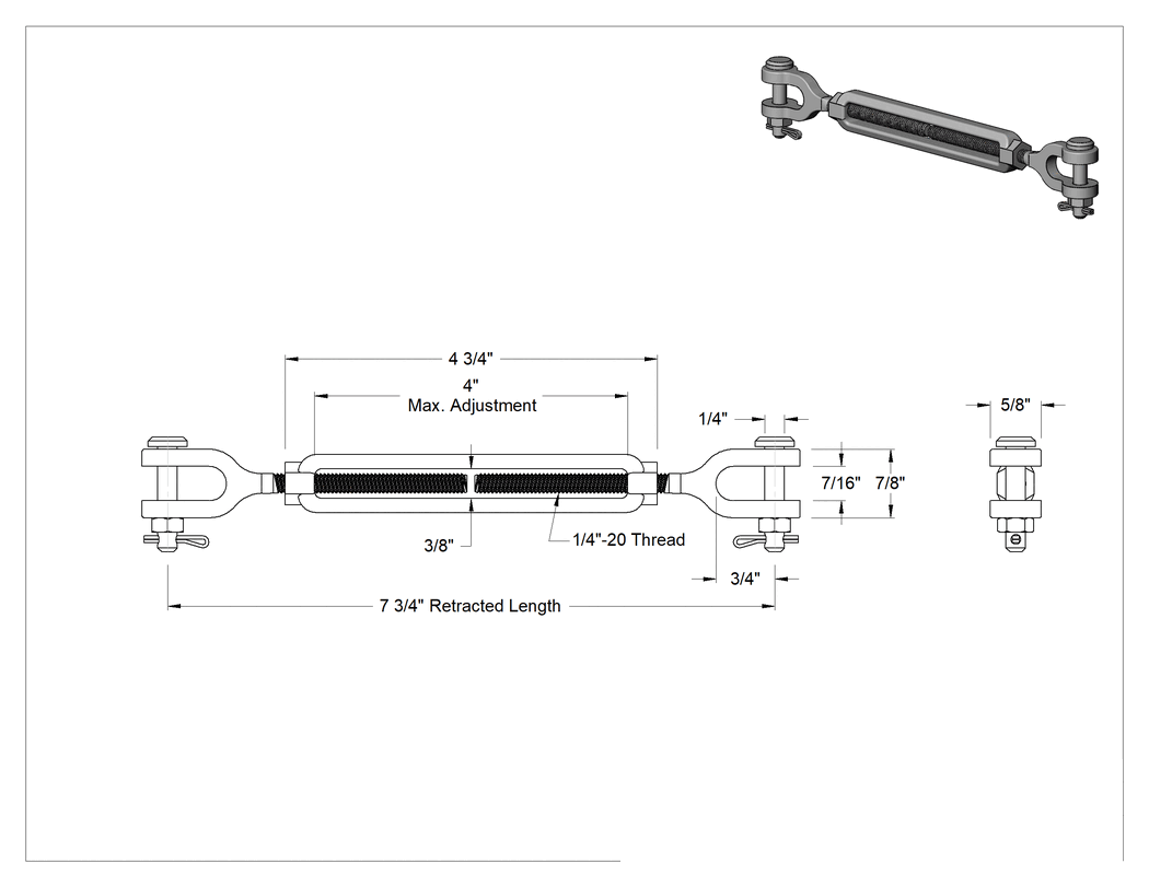 Teknik Çizim - 316 Paslanmaz Çelik Gerdirme - Kaldırma Amaçlı Değil, Çatal-Çatal, Dövme, 500 lbs. Kapasite