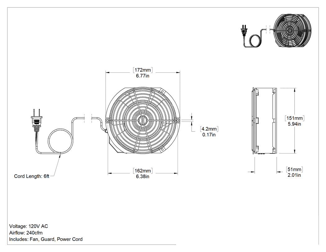Teknik Çizim - Ekipman Soğutma Fan Kiti, Paslanmaz Çelik Koruyucu, 120V AC, 5.91 inç Yükseklik x 6.77 inç Genişlik x 2.01 inç Derinlik Toplam