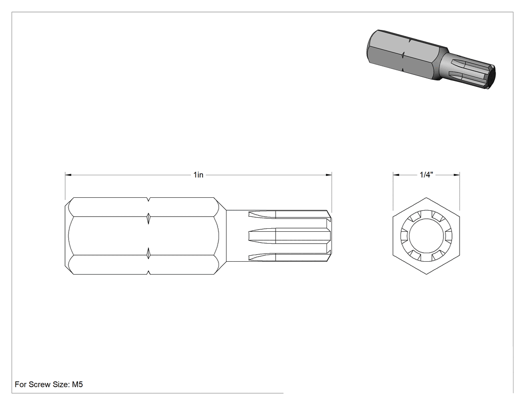 Teknik Çizim - M5 Vida Boyutu için Yivli Uç, 1/4" Altıgen Şaft