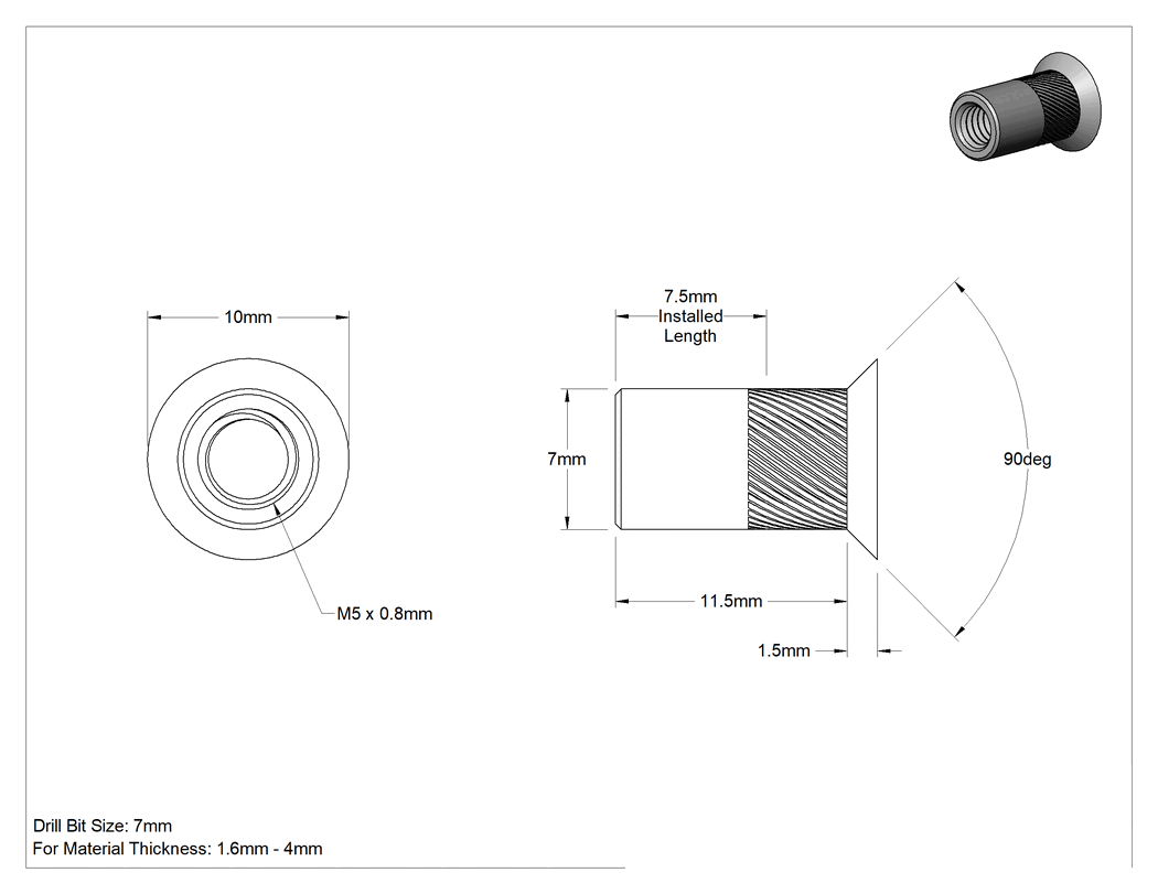 Teknik Çizim - Gömme Montajlı Pop Somun, M5 x 0.8 mm Diş Boyutu, 1.6 mm ila 4 mm Malzeme Kalınlığı için