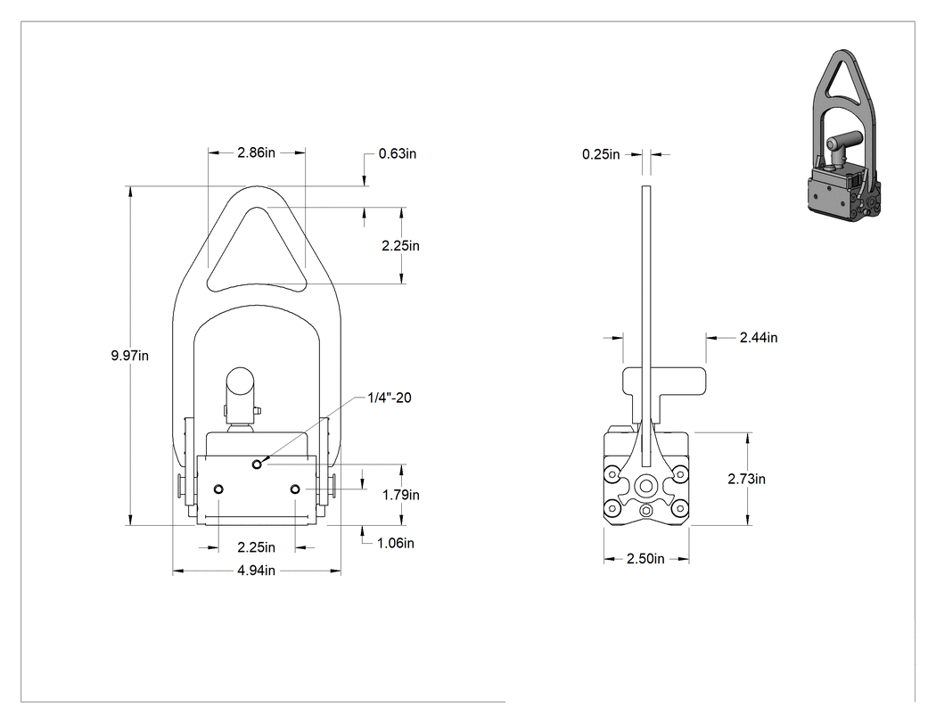 Teknik Çizim - Kapatma Kaldırma Mıknatısı, 75 lbs. Kapasite @ 2" Çap, 5 inç Uzunluk, 2-1/2" Genişlik, 10 inç Yükseklik