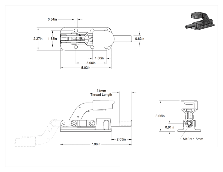 Teknik Çizim - Kilitleme Kolu ile Mandal Kelepçe, 2500 lbs. Tutma Kapasitesi, M10 Piston Diş Boyutu