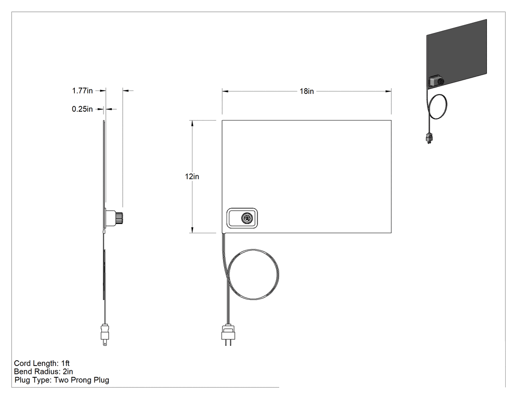 Teknik Çizim - Isı Levhaları, Sıcaklık Kontrolü, Yapıştırıcıya Hazır, 2.5 W/inç kare, 18 inç Uzunluk, 12" Genişlik