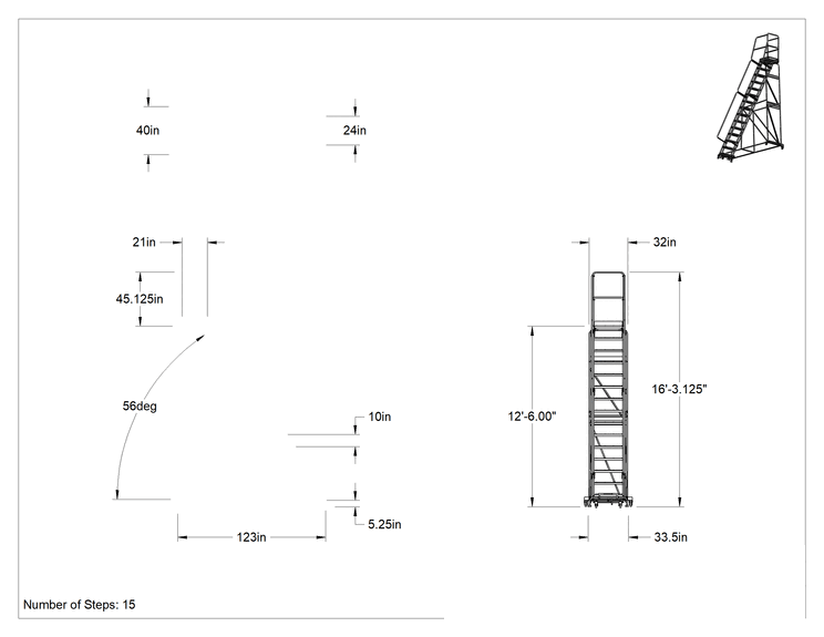 Teknik Çizim - Montajlanmamış Tırtıklı Platformlu Tekerlekli Merdiven, 15 Basamaklı, 12'6" Yükseklik x 21" Derinlik Platform, 40" Toplam Genişlik