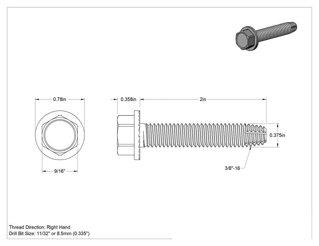 Teknik Çizim - Sert Metal için Diş Açıcı Vidalar, Ultra Paslanma ve Aşınmaya Dayanıklı Kaplamalı Çelik, 3/8"-16 Diş, 2" Uzunluk