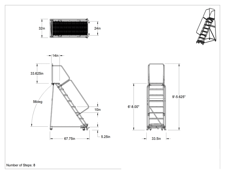 Teknik Çizim - Montajlanmamış Tırtıklı Platformlu Tekerlekli Merdiven, 8 Basamaklı, 6'8" Yükseklik x 14" Derinlik Platform, 9'5" Toplam Yükseklik