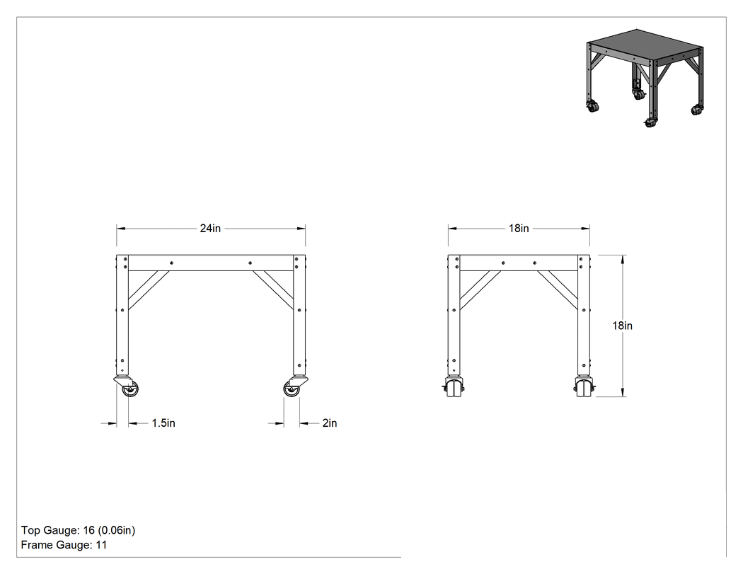 Teknik Çizim - Düşük Profilli Çelik Masa, Mobil, 18 inç Yükseklik x 24 inç Genişlik x 18 inç Derinlik, 800 lbs. Kapasite