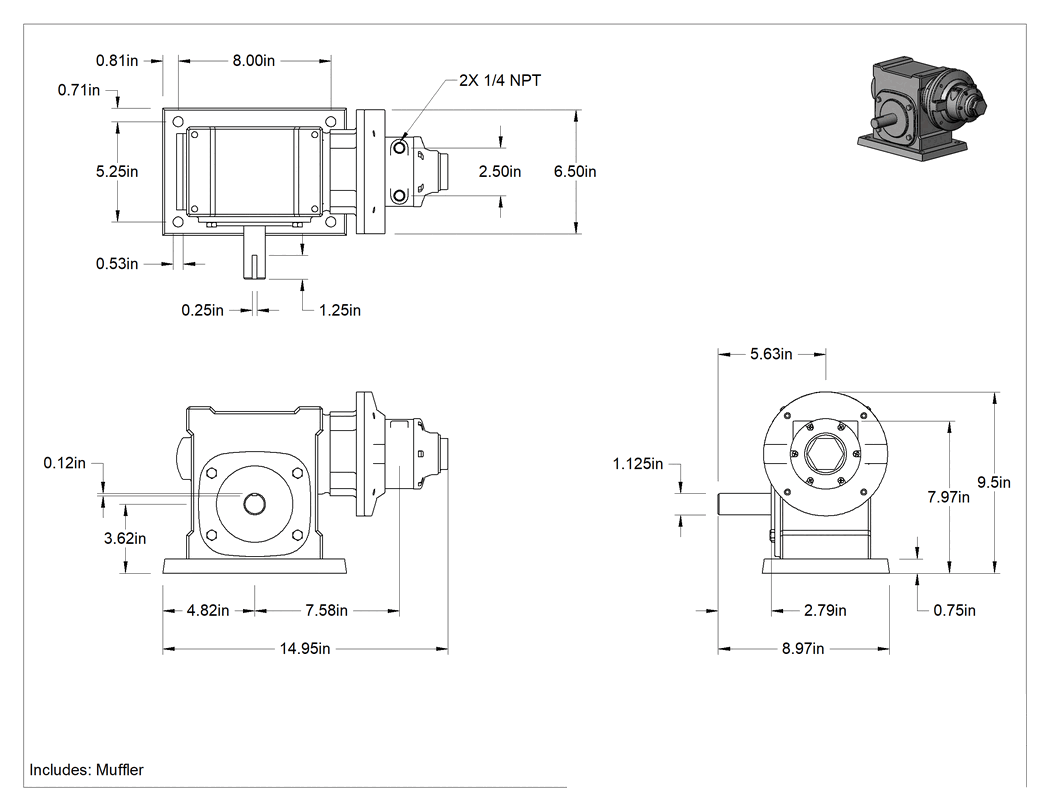 Teknik Çizim - Dik Açılı Şaftlı Pnömatik Dişliotor, Taban Montajı, 0.85 hp ve 1040 inç-lbs. 50 Maksimum rpm'de
