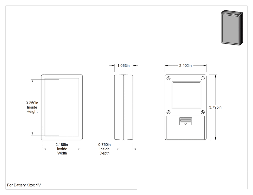 Teknik Çizim - Pil Bölmeli Elektronik Muhafaza, 2-3/8" Genişlik x 3-3/4" Yükseklik x 1" Derinlik