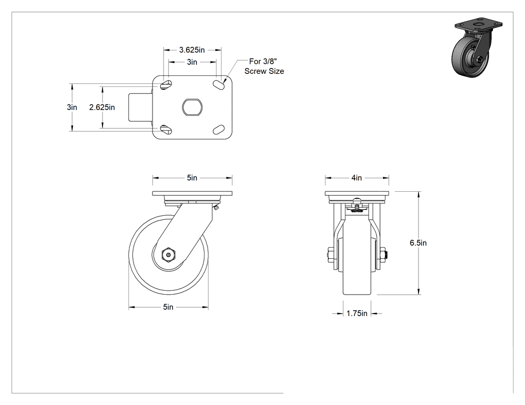 Teknik Çizim - 5" x 4" Montaj Plakalı Yüksek Kapasiteli Spartan Tekerlek, 5 inç Çapında Çelik Tekerlekli Döner Tekerlek
