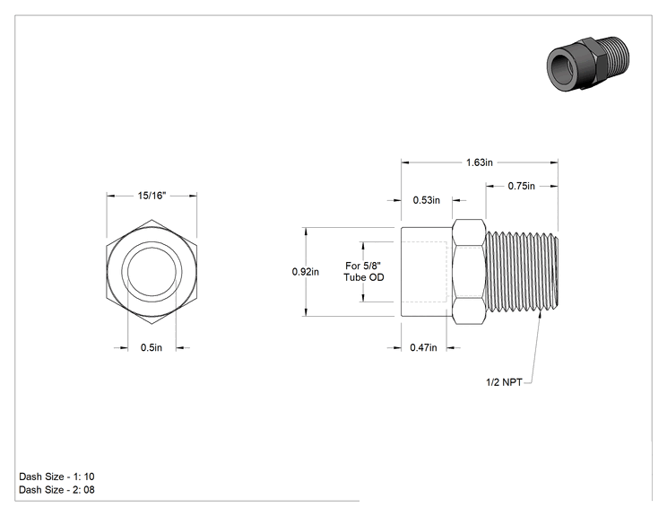 Teknik Çizim - Paslanmaz Çelik Borular için Soket Bağlantılı Fitting, Soket x Erkek Boru Adaptörü, 5/8" Boru Dış Çapı, 1/2" NPT