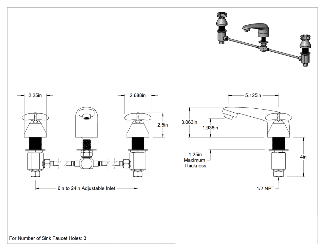 Teknik Çizim - Çift 1/2 NPT Alt Girişli Lavabo Bataryası, 5" Uzunluğunda Sabit Ağızlık, Çapraz Tutamaklar