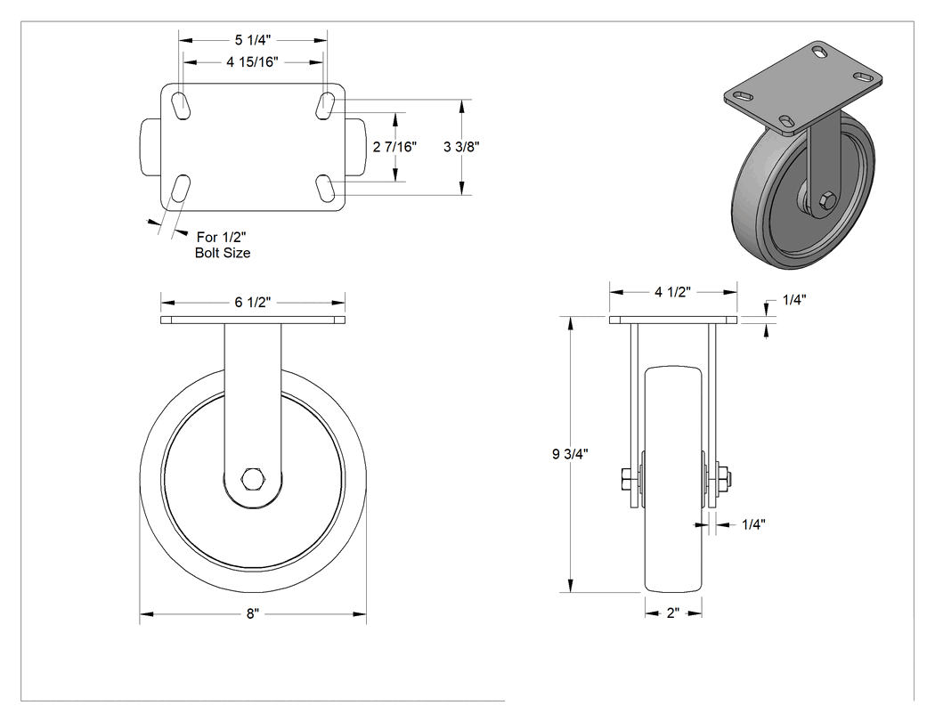 Teknik Çizim - 6-1/2" x 4-1/2" Plakalı Yüksek Kapasiteli Kingston Tekerlek, 8 inç Çaplı Fenolik Tekerlekli Sert