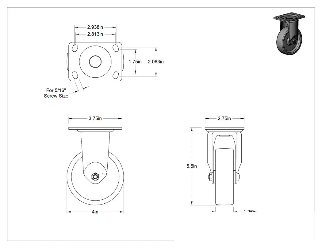 Teknik Çizim - 3-3/4" x 2-3/4" Plakalı Parlak Yüzeyli Tekerlek, 4" Çapında Naylon Tekerlekli Sert
