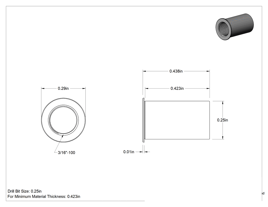 Teknik Çizim - 0.438" Uzunluk 3/16"-100 Dişli Ultra İnce Dişli Top Uçlu Setskur için Pirinç Ek Parça