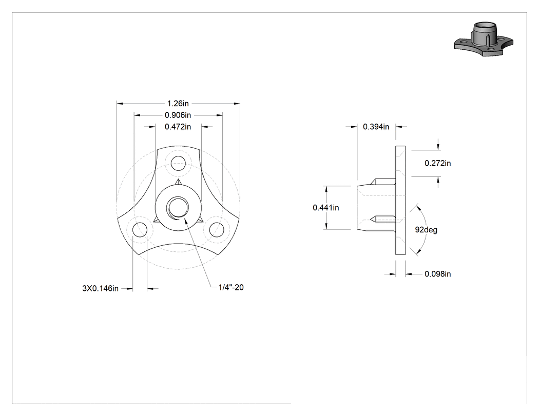 Teknik Çizim - Ahşap için Vidalı Somun, 1/4"-20 Diş Boyutu