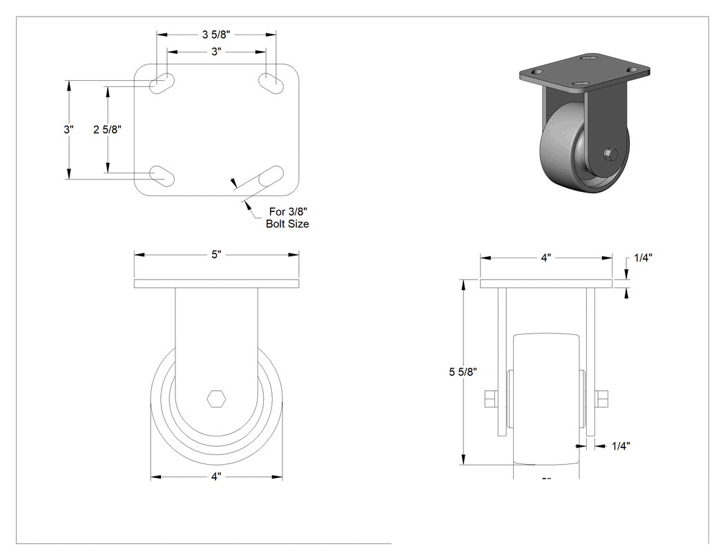 Teknik Çizim - 5" x 4" Montaj Plakalı Yüksek Kapasiteli Spartan Tekerlek, Frenli ve 4 inç Çapında 75D Poliüretan Tekerlekli Sabit, 4 inç Çapında 75D Poliüretan Tekerlekli Sert
