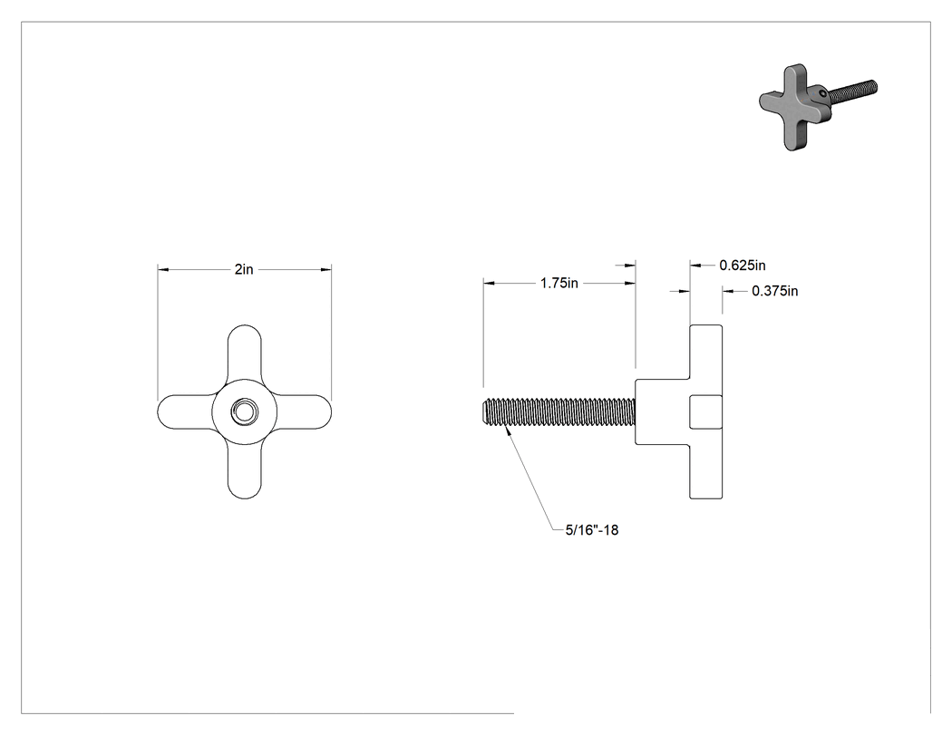 Teknik Çizim - Alüminyum dört kollu topuz, 5/16"-18 Dişli 1-3/4" Uzunlukta Saplama, 2" Genişlikte Başlık