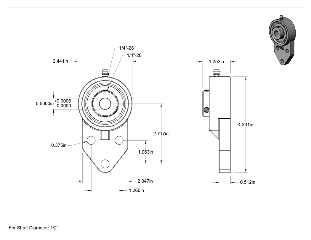 Teknik Çizim - Üç Cıvatalı Flanşlı Montajlı Bilyalı Rulman, 2-23/32" Merkez Yüksekliği, 1/2" Mil Çapı için