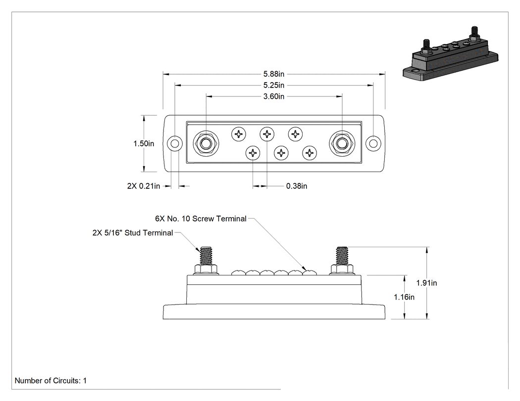 Teknik Çizim - Zorlu Ortam Yüksek Akım Dağıtım Çubuğu, 2 adet Saplama ve 6 adet Vida Terminalli, 250A @ 300V AC ve 48V DC