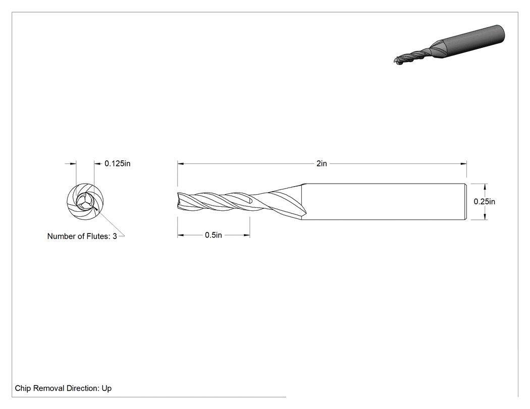 Teknik Çizim - Ahşap için Freze Ucu, Sunta ve Kontrplak, Seramik Kaplamalı, Yukarı Doğru Yonga Çıkarma, 1/8" Kesme Çapı