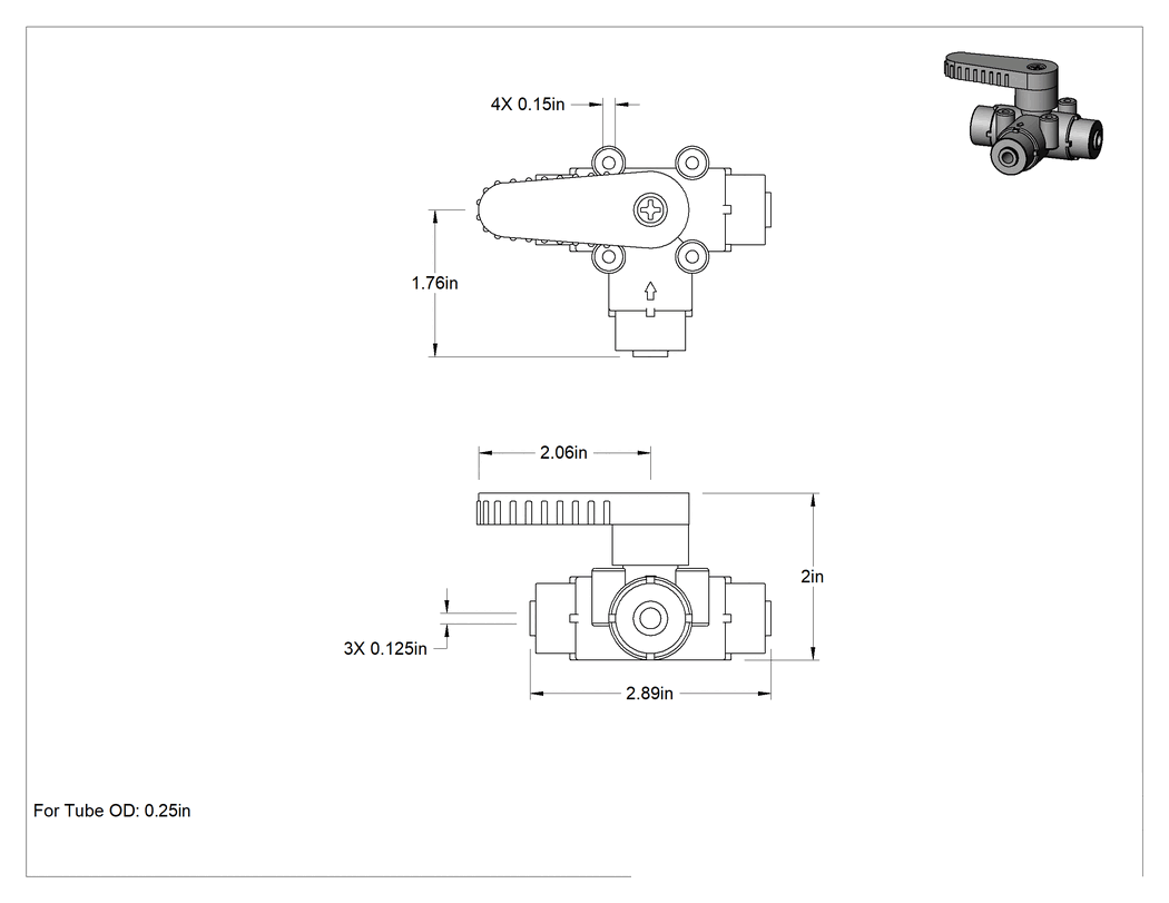 Teknik Çizim - Bas-Bağlan Bağlantı Parçalı Yön Değiştirme Vanası, Yiyecek ve İçecek için, 1/8" Boru İç Çapı için