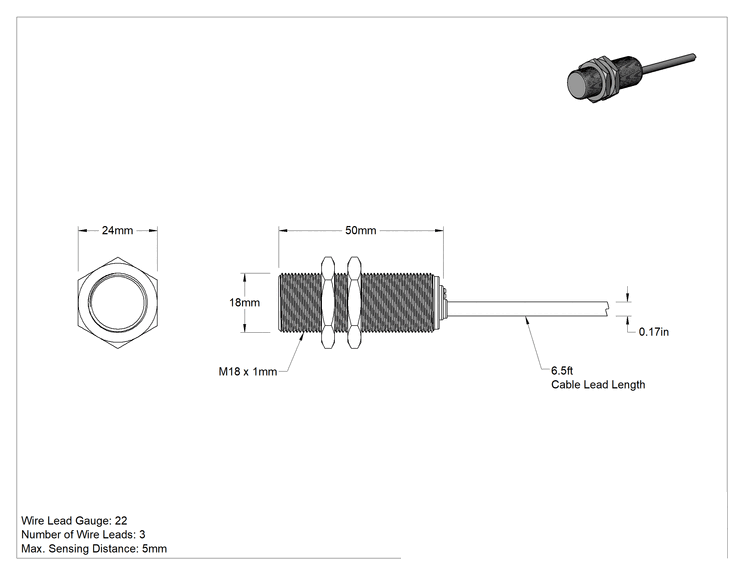 Teknik Çizim - DC Metal Nesne Yakınlık Anahtarı, Pirinç, Yıkama, Tel Uçları, 18 mm Çap, NPN, 1 Kapalı, 50 mm Uzunluk
