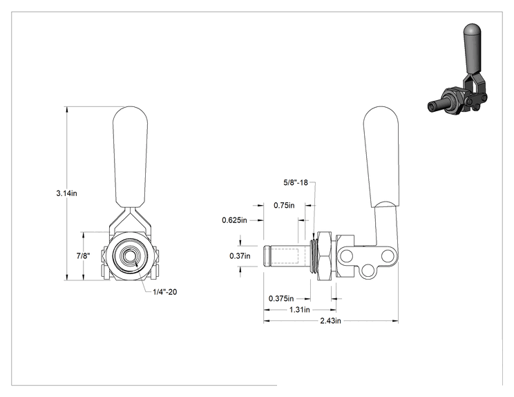 Teknik Çizim - İt/Çek Mandal Kelepçe, Delik Montajı, 18-8 Paslanmaz Çelik, 200 lbs. Tutma Kapasitesi