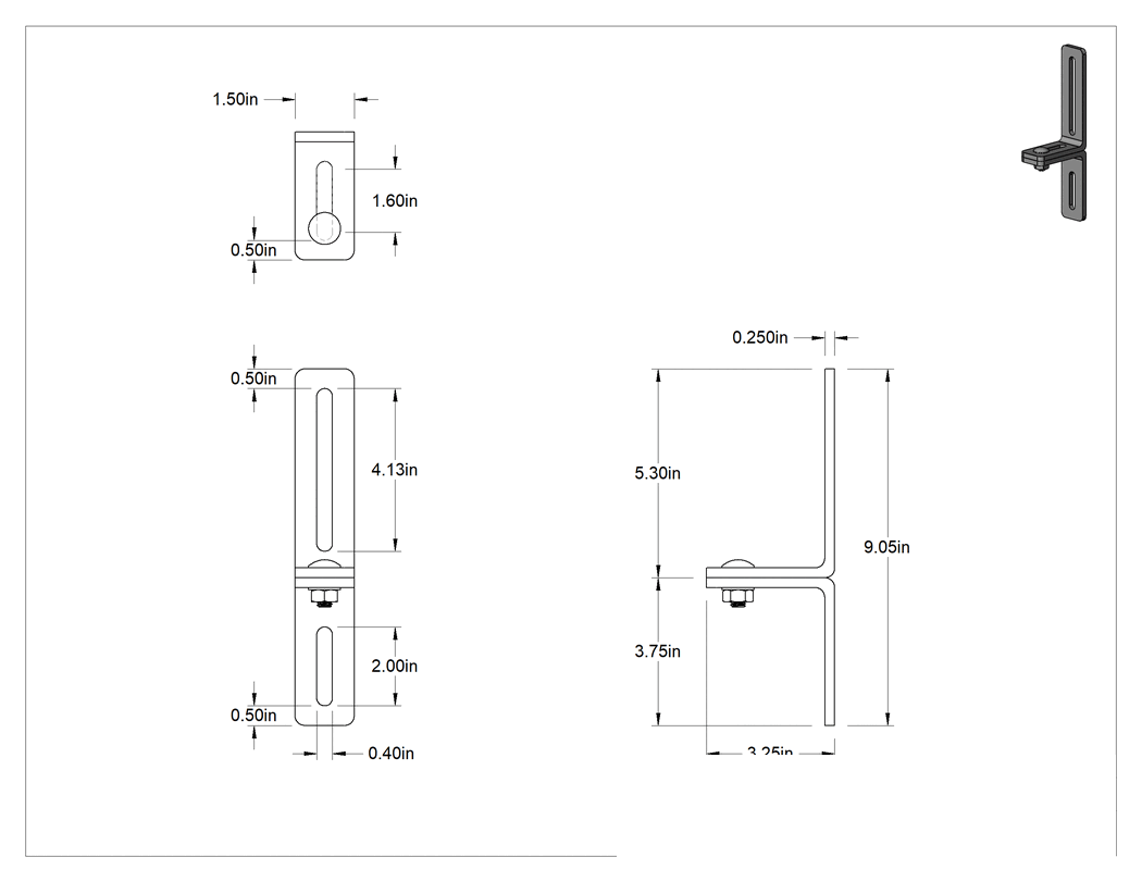 Teknik Çizim - 3-1/4" x 9-1/32" x 1/4" İki Parçalı L-Braket