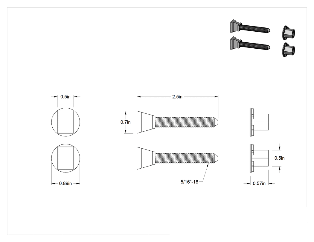Teknik Çizim - Klozet Tabanına Montaj Donanımı, Plastik, 5/16"-18 Diş Boyutu, 2-1/2" Uzunluk