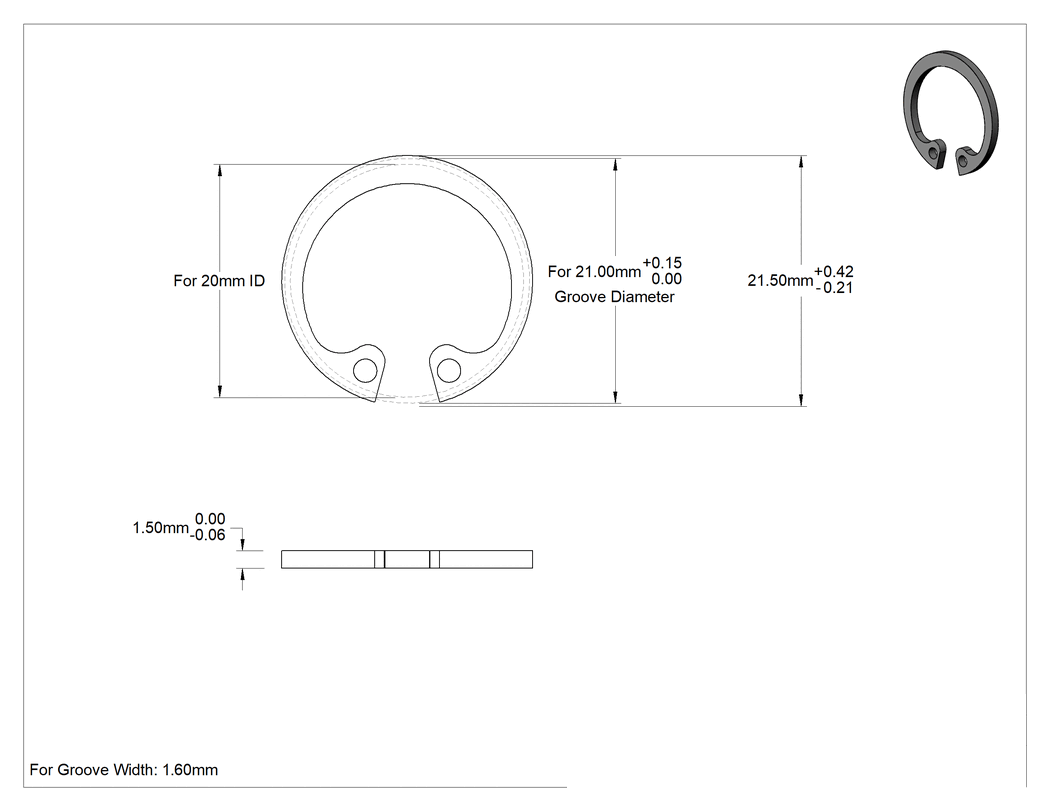 Teknik Çizim - Ağır Hizmet İç Segmanlar, 20 mm İç Çap için, Siyah Fosfat 1060-1090 Yay Çeliği