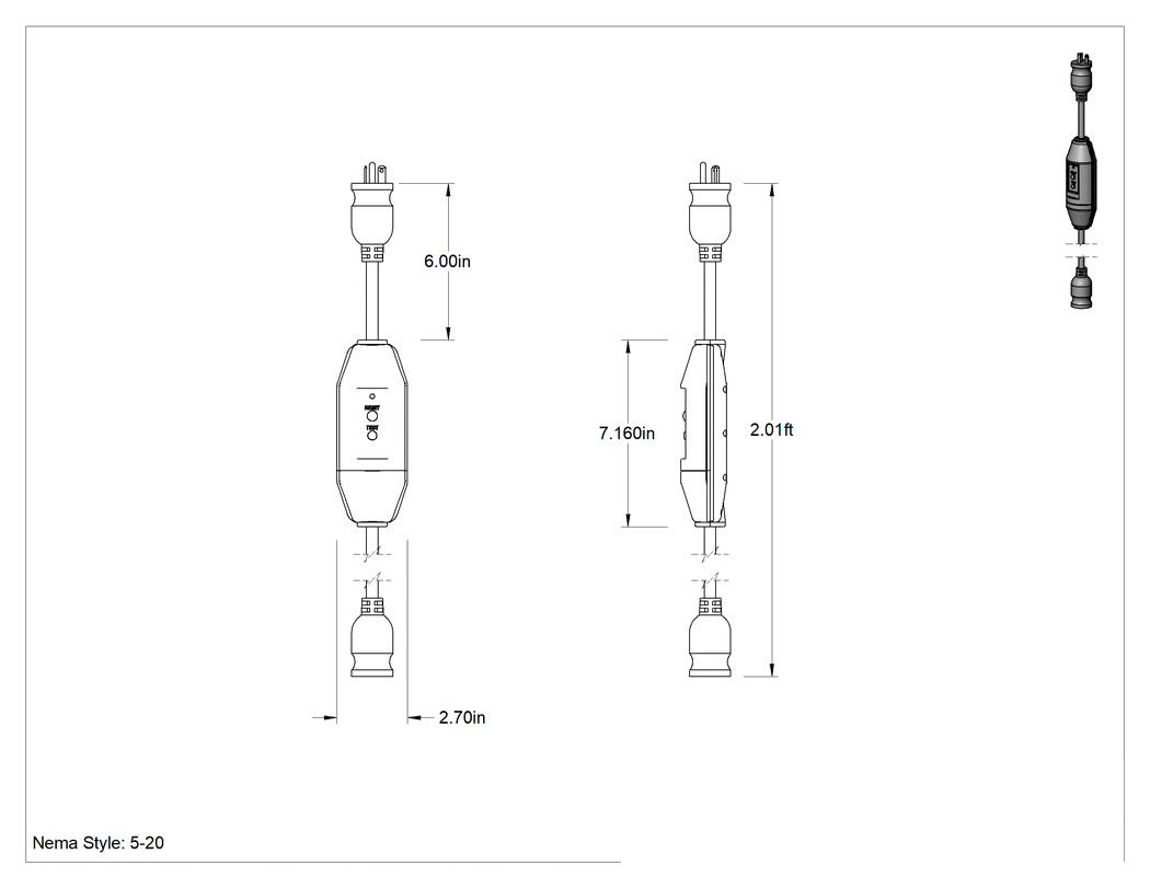 Teknik Çizim - Işıklı GFCI Uzatma Kablosu, NEMA 5-20 Fiş, 2' Uzunluk