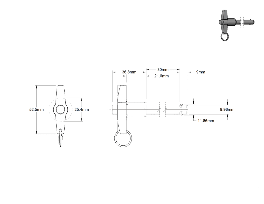 Teknik Çizim - T-Saplı Kilitli Hızlı Açma Pimi, Yarık Halkalı, 10 mm Çap, 30 mm Kullanılabilir Uzunluk