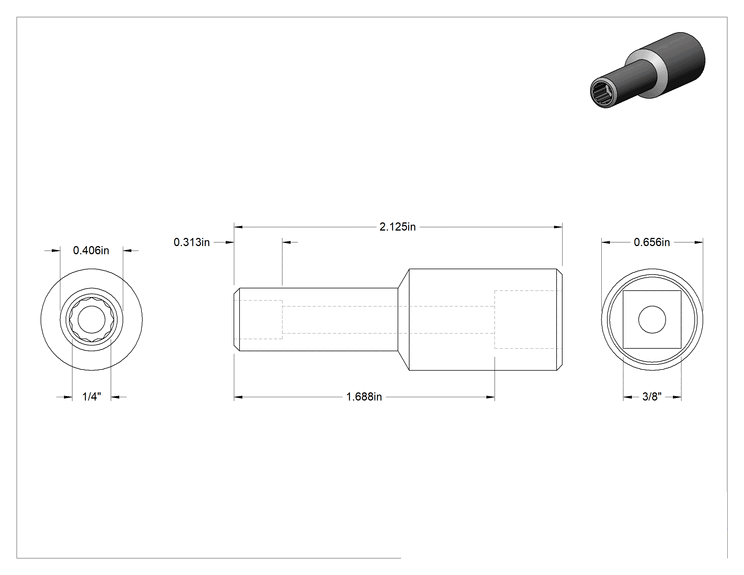 Teknik Çizim - 12-Uçlu Derin Soket, 3/8" Tahrik, 1/4" Boyut
