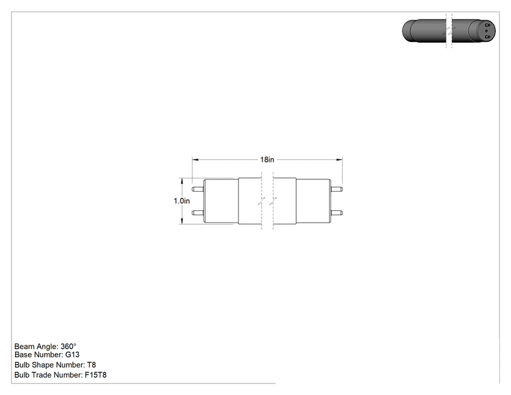 Teknik Çizim - Siyah Işık Mavi Ampul, T8, 15W, 18 inç Uzunluk, Cam, Anma Numarası F15T8