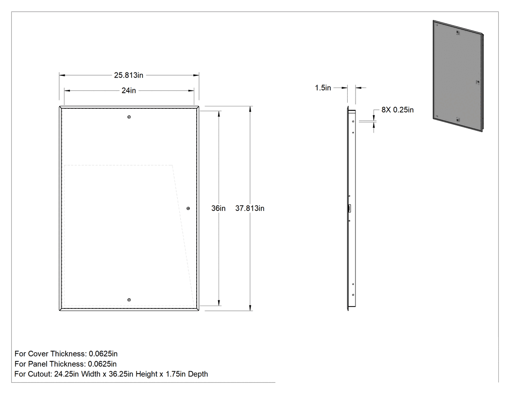 Teknik Çizim - Tavan ve Duvar Montajlı Contalı Erişim Paneli, Paslanmaz Çelik, 36-1/4" x 24-1/4" x 1-3/4" kesik için