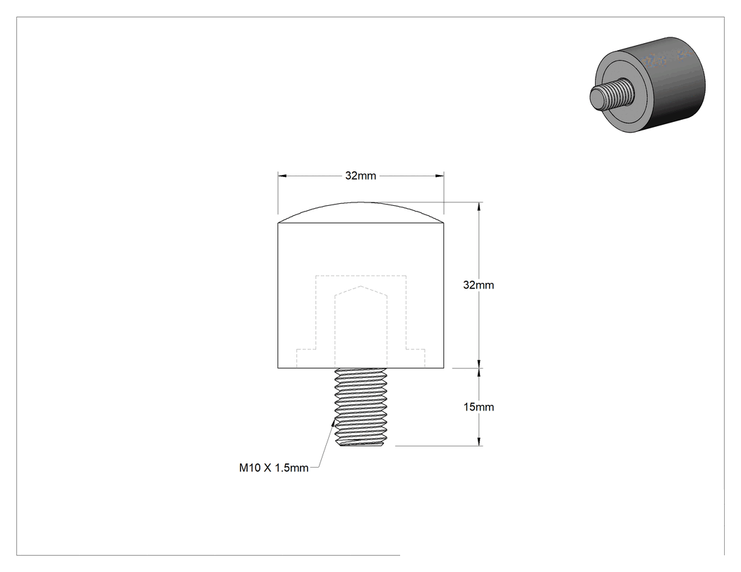 Teknik Çizim - Güçlendirilmiş Dişli Tampon, Neopren, M10 x 1.5 mm Diş x 15 mm Uzunlukta Saplama, Durometre 75A