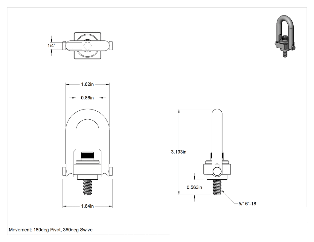 Teknik Çizim - Kaldırma için Çelik Kaldırma Halkası, İşlenmiş, Siyah Oksit, 5/16"-18 Diş, 3-1/4" Toplam Yükseklik
