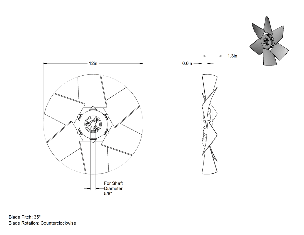 Teknik Çizim - Yüksek Çıkışlı Plastik Fan Kanadı, 5/8" Çaplı Kamalı Mil için, 12" Bıçak Çapı
