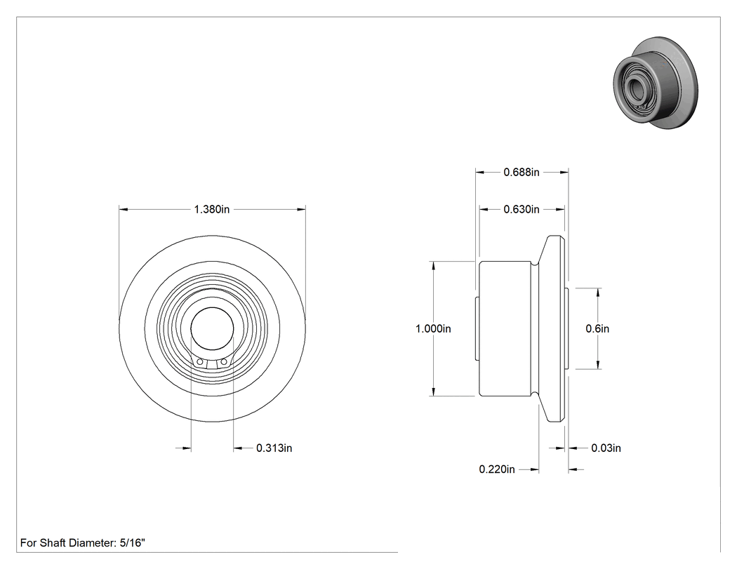 Teknik Çizim - Mile Monte Ray Makarası, Flanşlı, 1" Çap x 5/8" Makara Genişliği