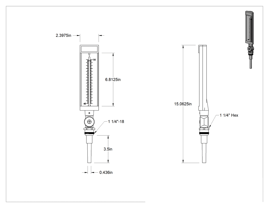 Teknik Çizim - Ayarlanabilir Açılı Hızlı Tepkili Termometre, UNEF Dişli, -40° ila 110°F, 15-3/4" Toplam Yükseklik
